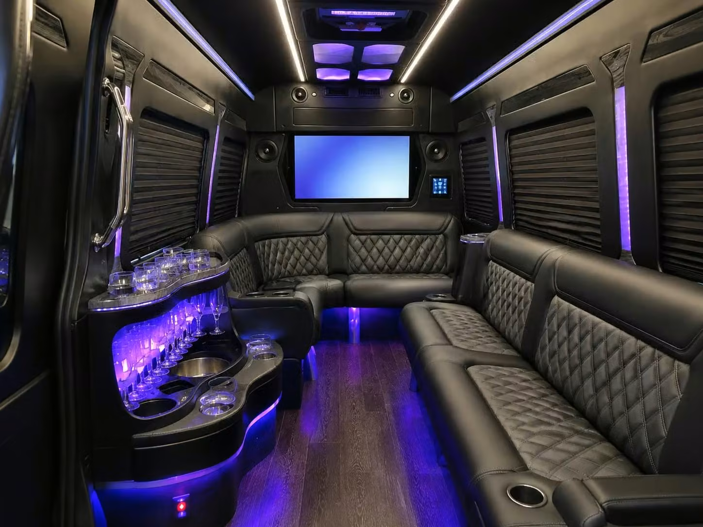 saratoga prom party buses with led lighting bluetooth sound and leather seating